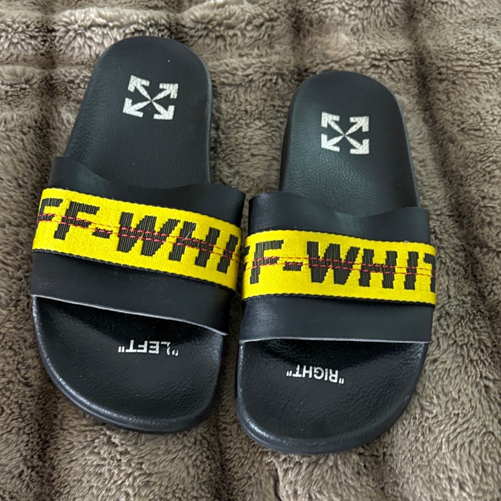 Off-White Black Slides with Yellow Strap